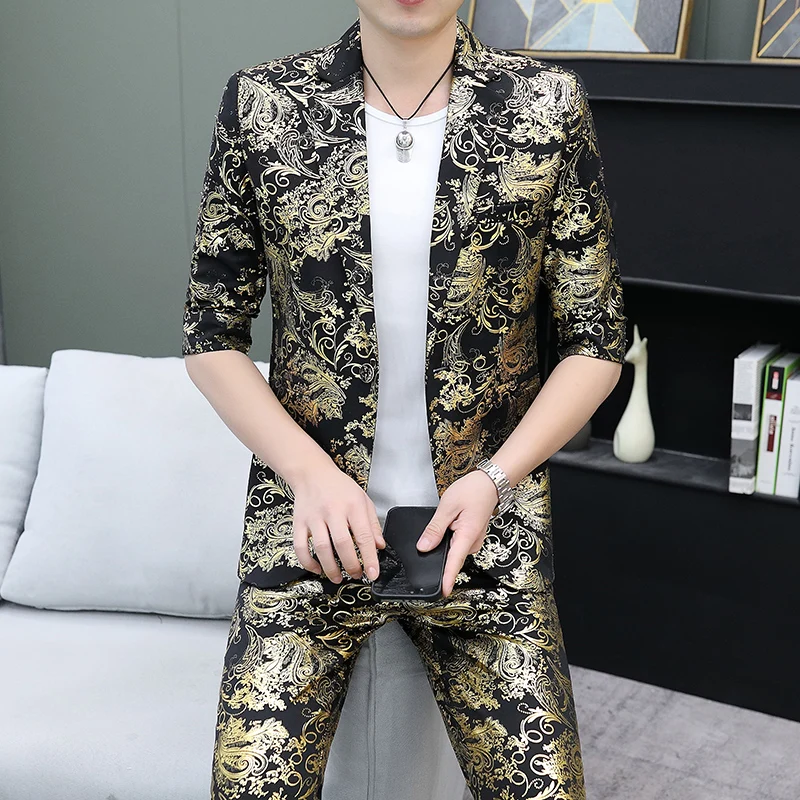 

Summer Luxury Embroidery Men's Suits New Men Gold Yarn Casual Suit Stage Dress Top Quality Wedding Business Mid-sleeve Two-piece