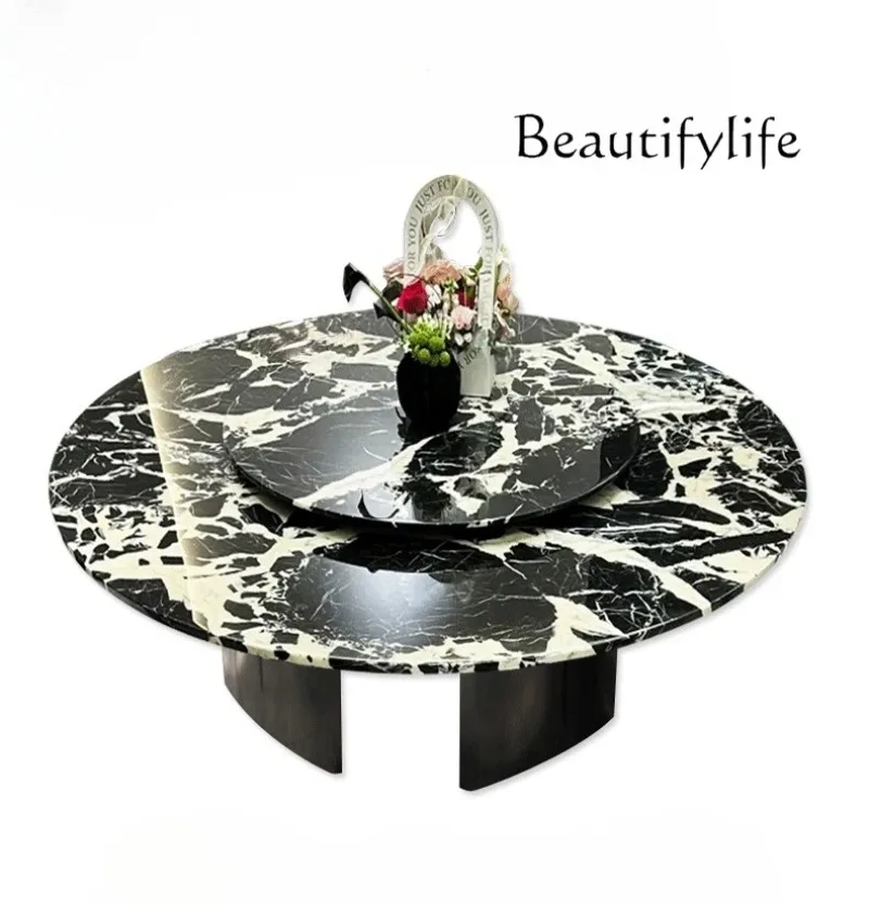 

Natural black luxury stone dining table villa household marble round dining table with turntable premium living room rock slab