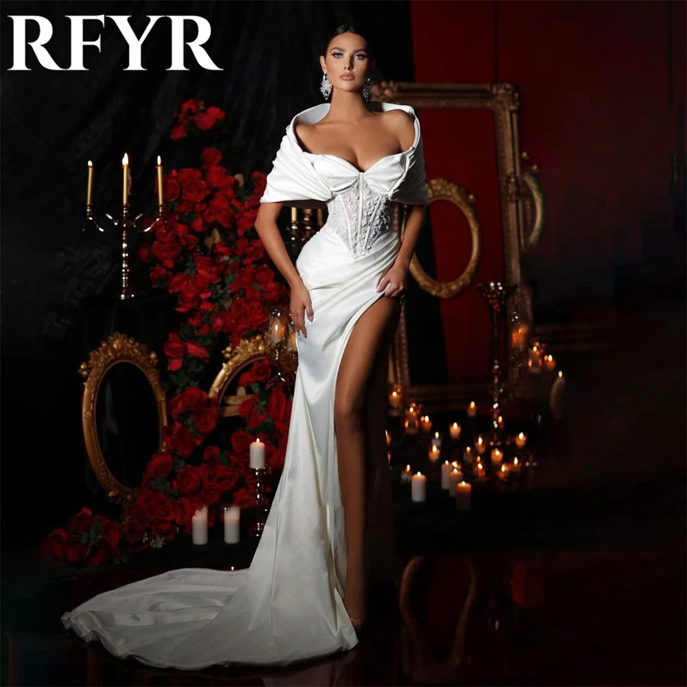 

RFYR White Elegant Scoop Women Evening Dress Simple Off the Shoulder with Pleat Satin Trumpet Prom Formal Gowns Dress Customized