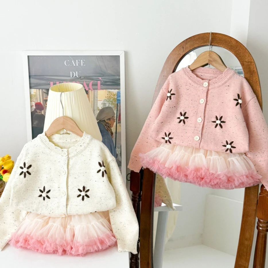 Girls Suit 2025 Spring and Autumn New Childrens Clothing Baby Girl Hand-embroidered Knitted Cardigan Puffy Skirt Two Sets