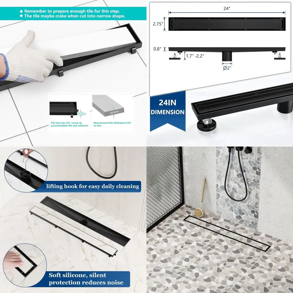 

24-дюймовый матовый черный линейный душевой трап с решеткой под плитку и фильтром для волос