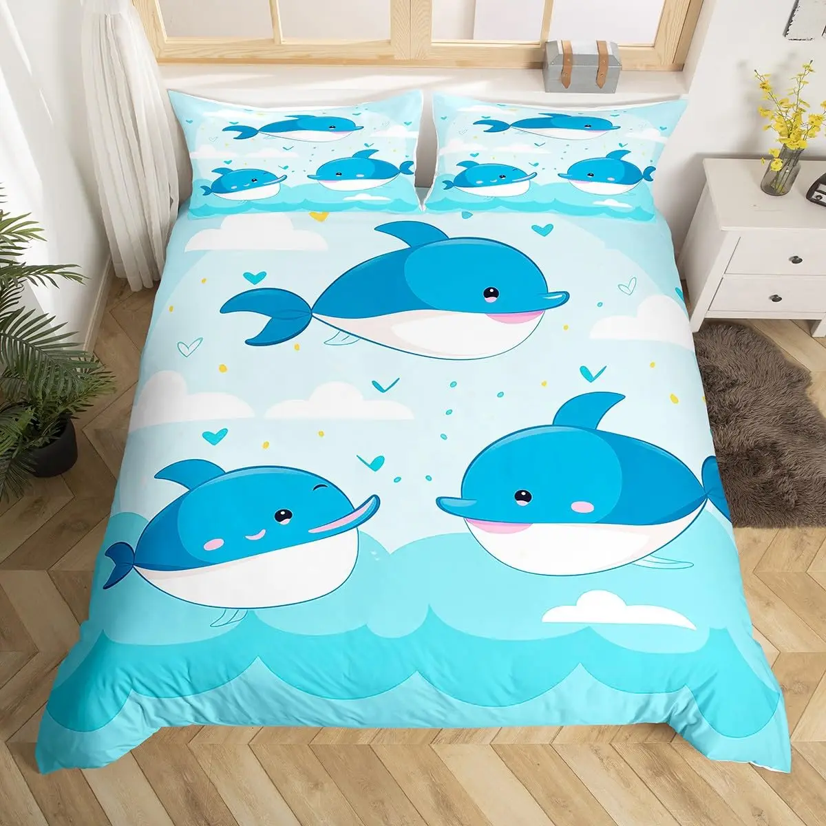 Cartoon Dolphin Bedding Set Marine Life Duvet Cover Watercolor Sea Animal Comforter Cover Nautical Underwater World Quilt Cover