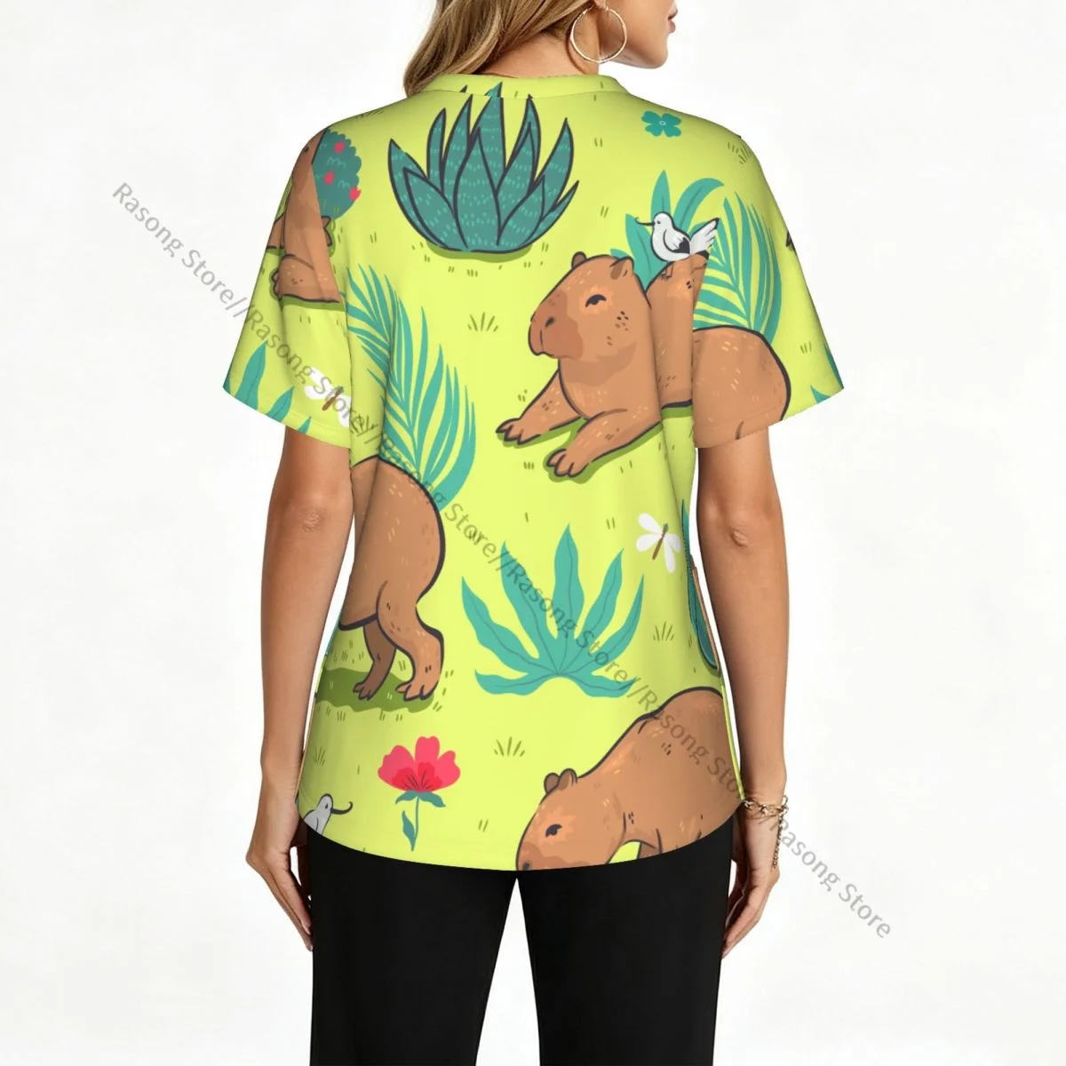 Cute Capybara Succulent Cactus Scrubs tops medical uniforms women V Neck Stretch Scrub Shirt Dentist doctor Blouse