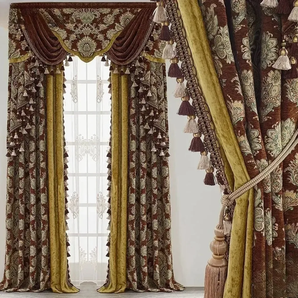 American European Printed Reddish Brown Gold Thickened Chenille Patched Curtains for Living Room Bedroom French Window Valance