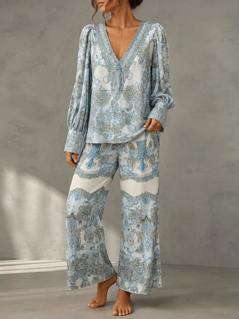 Women's Paisley Print 2 Piece Set V‑Neck Puff Long Sleeve Top High Waist Wide Leg Pants Bohemian Set For Casual Holiday Daily