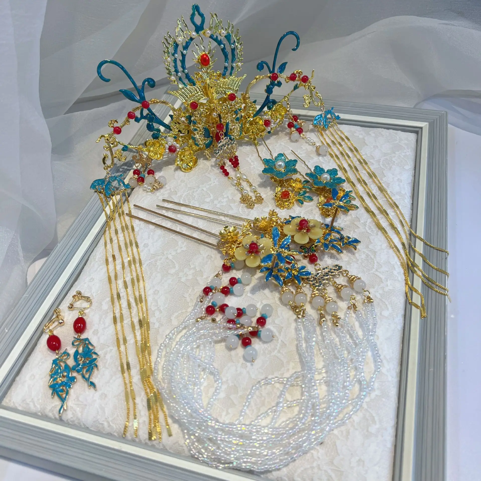 مينغ العتيقة مصوغة بطريقة غطاء الرأس ل هان الملابس الصينية الملحقات المحروقة شرابة تاج مجموعة كاملة زي الشعر دبوس الشعر القديم