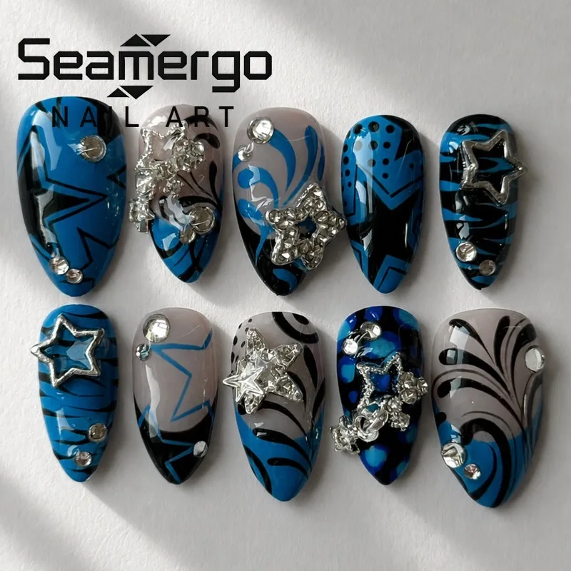 24PCS Y2k Blue French False Nails Sweet Cool 3D Metallic Silver Star Black Almond Press on Nails Wearable Acrylic Gyaru Nails