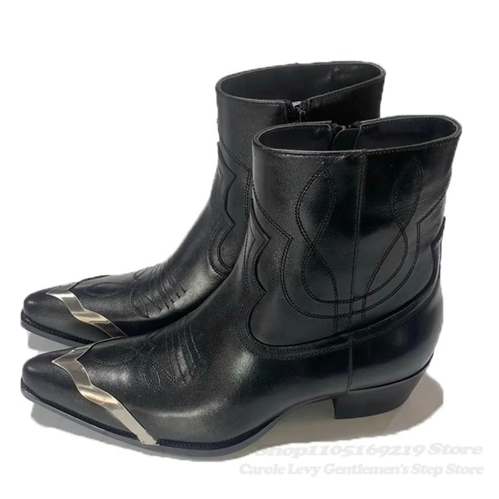 Metal Toe Cap Men Western Boots 2025 Winter New Pointed Toe High Heel Black Leather Zide Zipper Designer Brand Ankle Boot