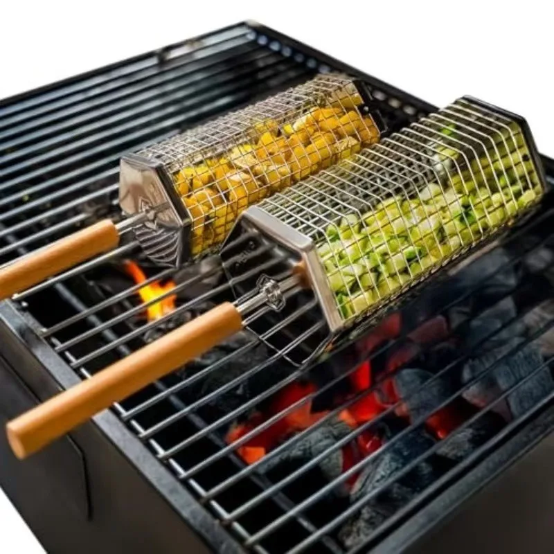 3 PCS  stainless steel barbecue cages for outdoor camping, smoke cages, portable carbon grilled rotating rolling barbecue racks