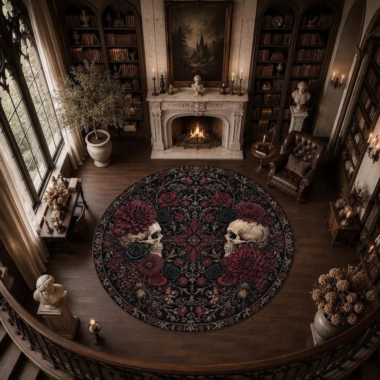 【Room Decor Carpet】Round Gothic Skull Carpet, Burgundy Floral Round Carpet, Dark Plant Skull Carpet, Black Rose Round Carpet, Alternative Witch Home Decor