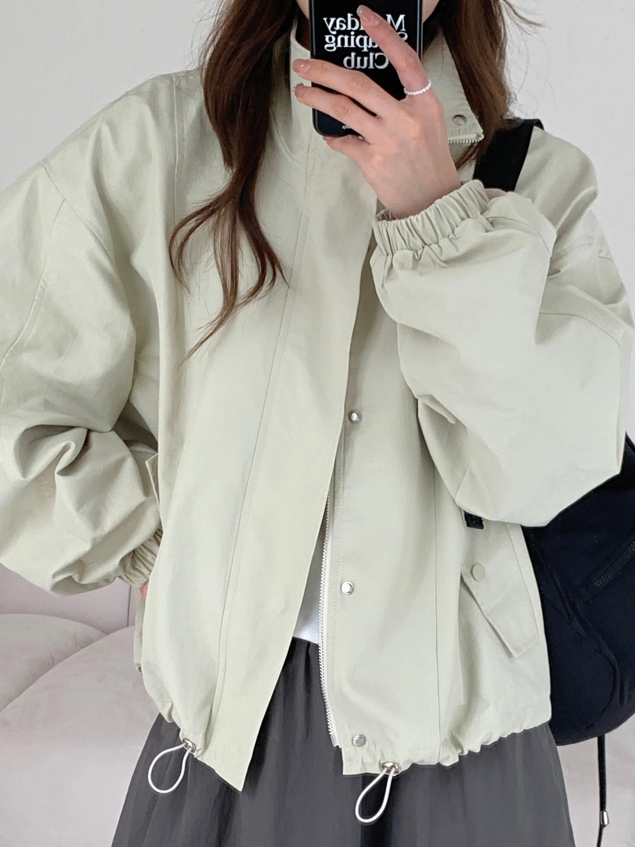 

Корейская винтажная свободная повседневная женская рабочая одежда с воротником-стойкой, ветровка Jaet, осеннее новое поступление, Bubbly Sve на молнии