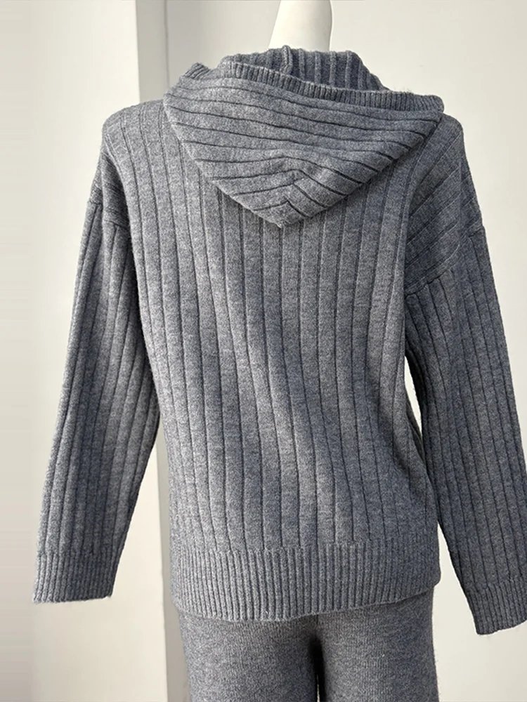 Damen Strickhosen 2-teiliges Set Kapuzenjacke mit Reißverschluss Langarm Cardigan Weite Hose Streetwear Einfarbiges Loses Outfit Partykleidung – Detail 7
