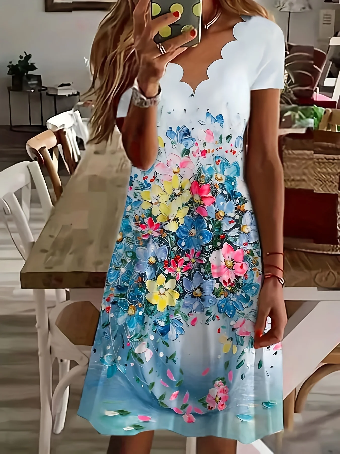Frühling und Sommer Neues europäisches und N Damenkleid mit Digitaldruck, V-Ausschnitt und kurzen Ärmeln – Detail 2