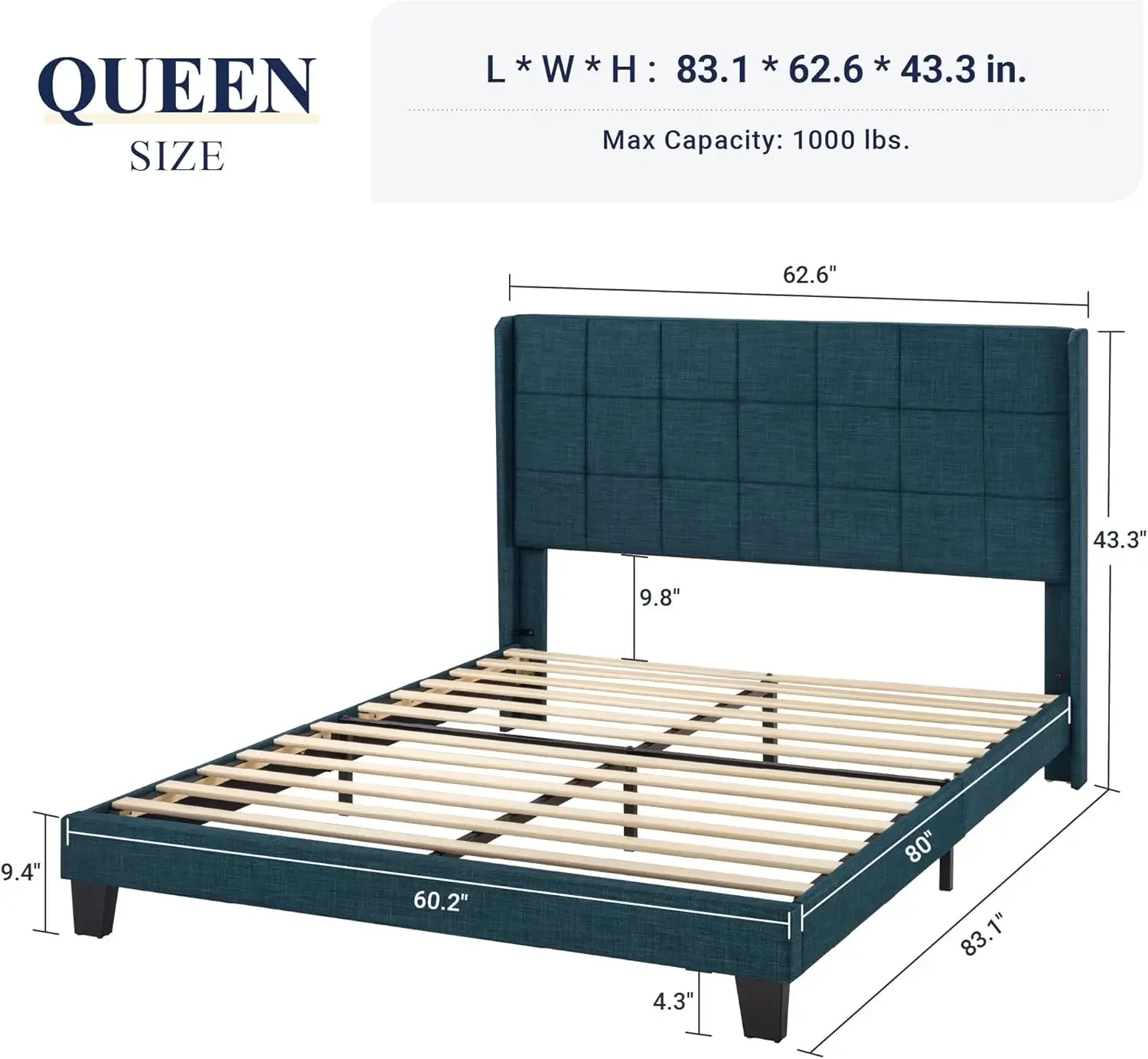 Queen Size Platform Bed Frame with Wingback, Fabric Upholstered Square Stitched Headboard and Wooden Slats