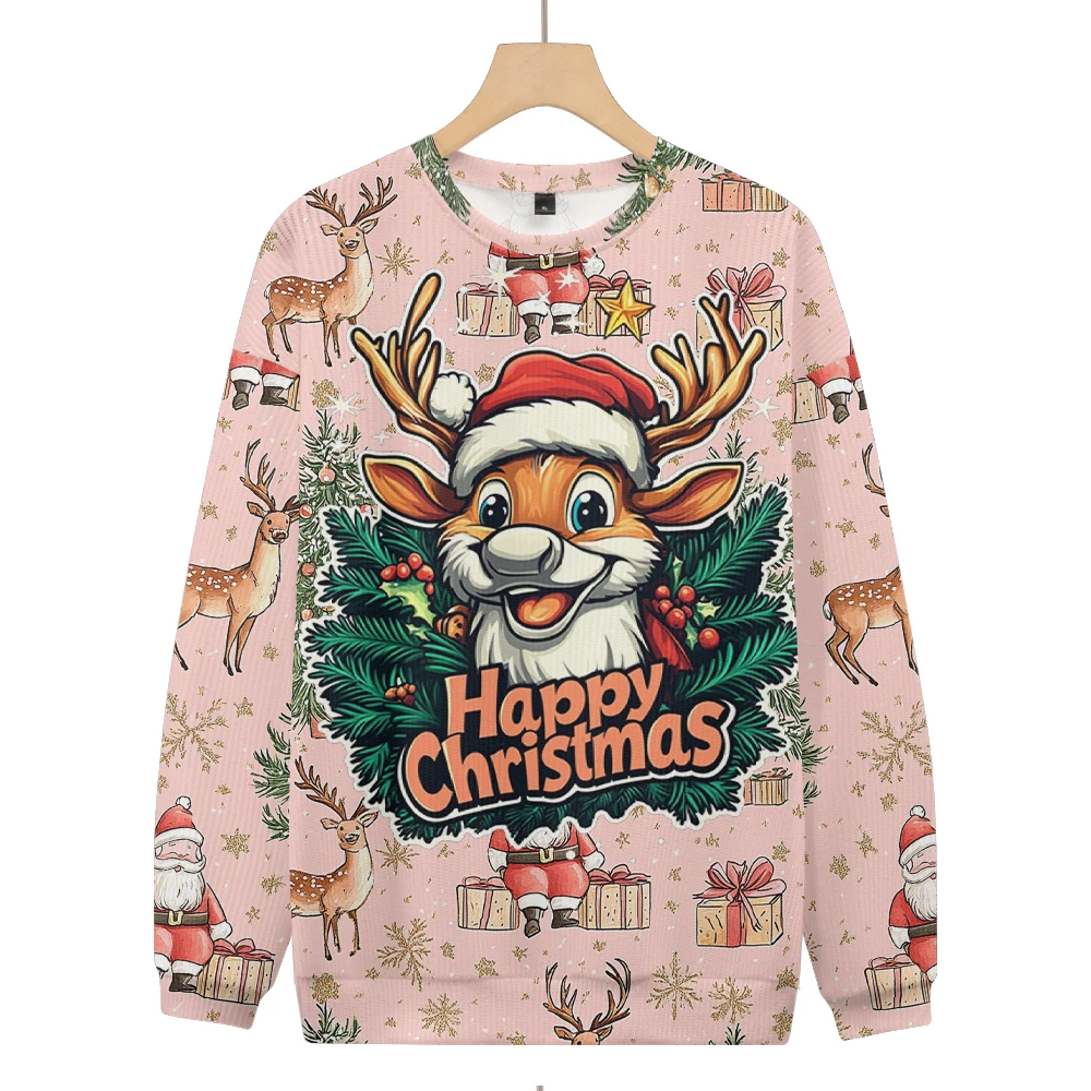 

2024 New Arrivals Men's Warm Pullovers Unisex Casual Sweater Christmas Comfortable Fabric Deer Printed Pink