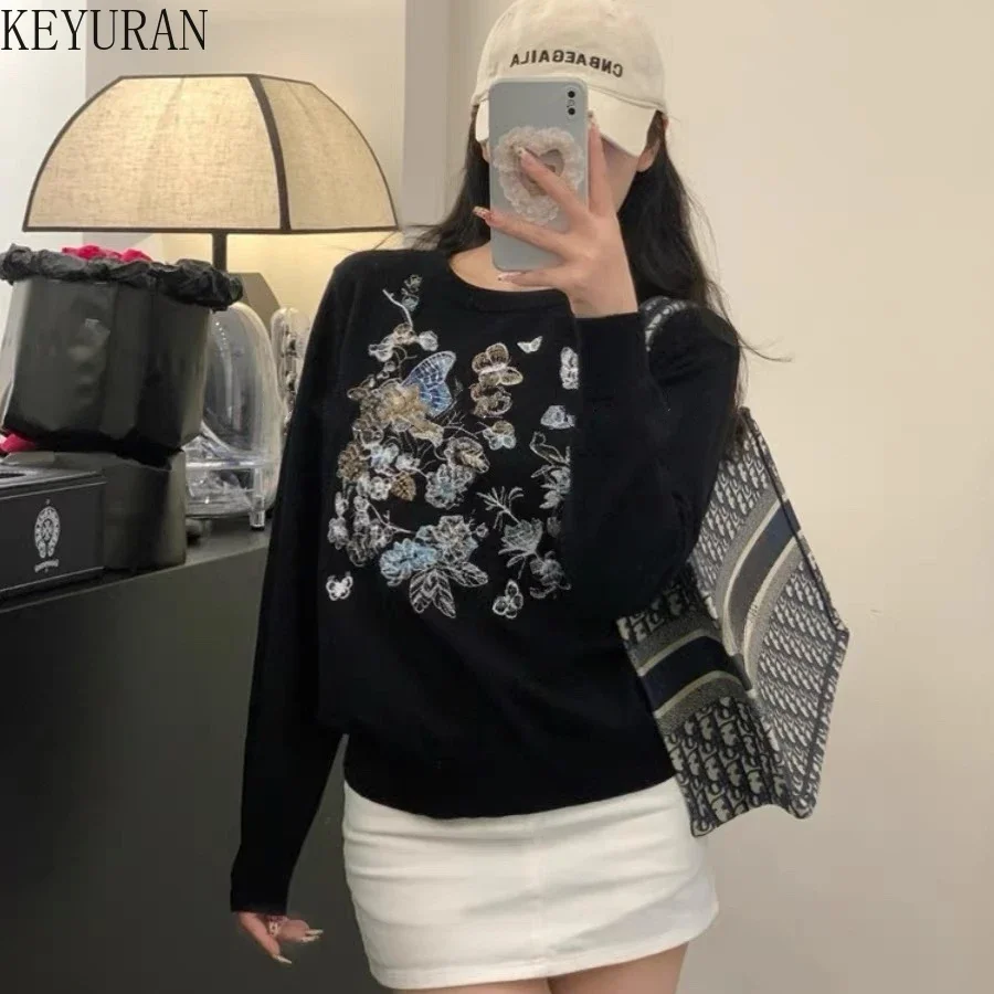 Spring Autumn Butterfly Flower Embroidery Sweaters Women Design Runway O-Neck Long Sleeve Knitted Pullover Sweater Mujer Jumper