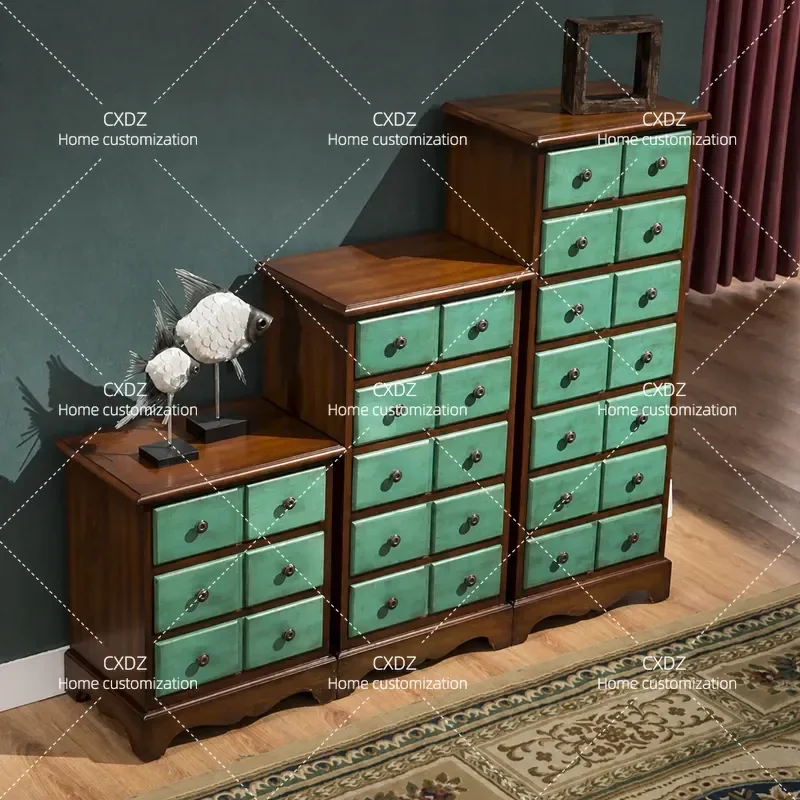 American Country Solid Wood Drawer Chest Cabinet Living Room Bedroom Storage Retro Painted Furniture Fully Equipped