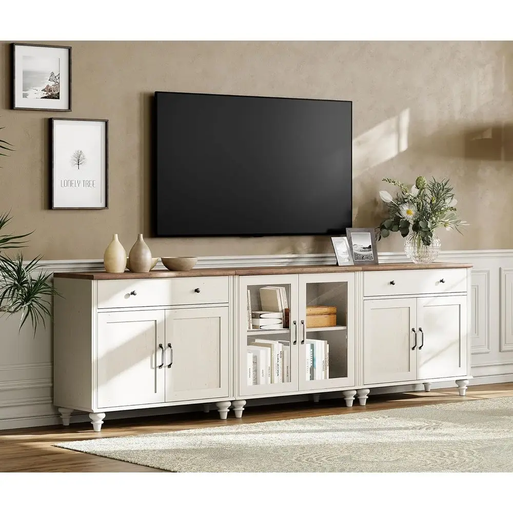 

White 3-in-1 Wooden TV Stand for 75-90 Inch TVs, Entertainment Center with Glass Doors, and Kitchen Buffet Cabinet