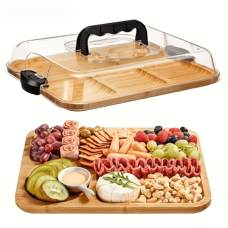 1/2 Stück Serviertablett mit 6 Fächern und Deckel – Reise-Käse-/Charcuterie-/Obstplatte mit Griffen, stilvolles Käsebrett aus natürlichem Bambus – mit aufklappbarem Acryldeckel! Leicht zu reinigende