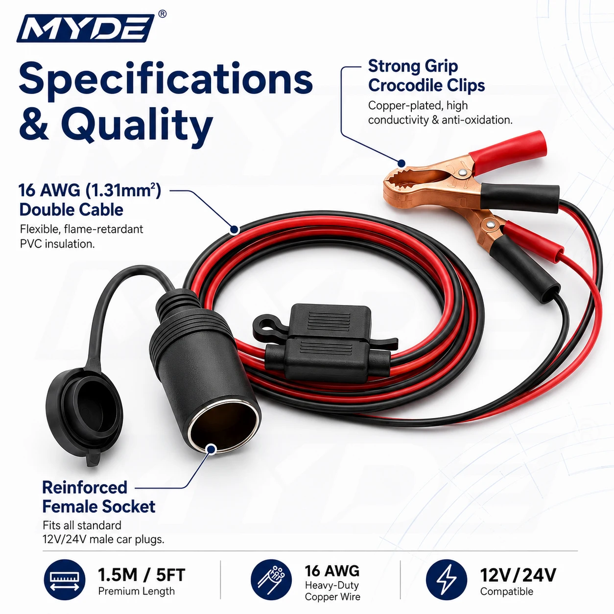 12V/24V Batterie-Krokodilklemmen auf Zigarettenanzünder-Buchse Kabel, 16AWG Gesicherter Stromadapter für Auto, Wohnmobil, Boot – Detail 6