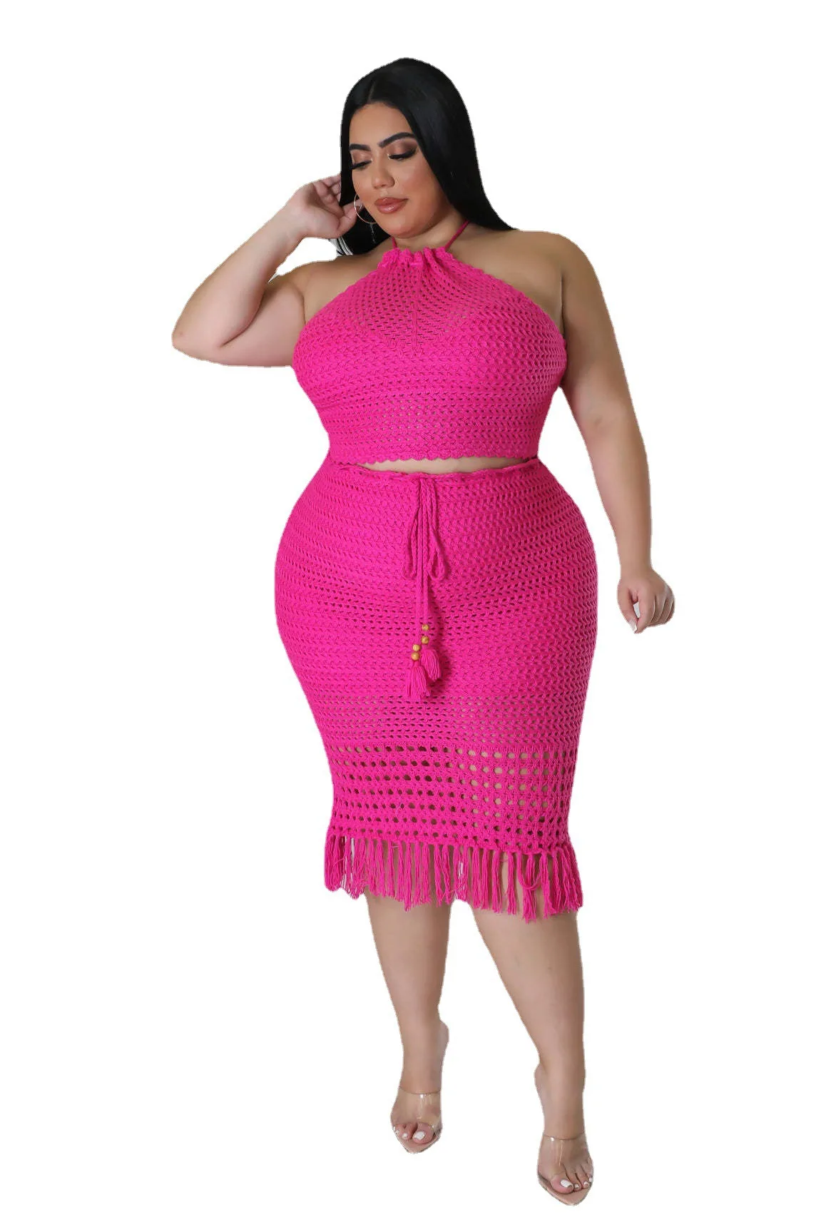 Plus Size Fashion Knitted Two Piece Skirt Set Halter Sleeveless Tassel Crop Top Long Skirt Women Clothing Beach Style Casual