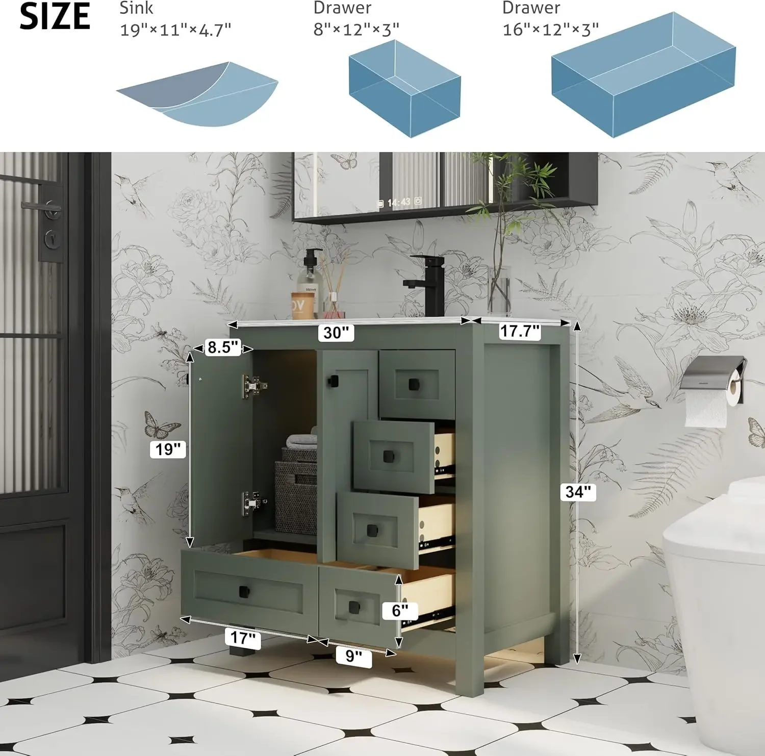 [عرض لفترة محدودة، اشترِ الآن! ]ورود حمام مقاس 30 بوصة مع مجموعة حوض، وخزانة تخزين حمام خشبية سميكة حديثة مع حامل سفلي