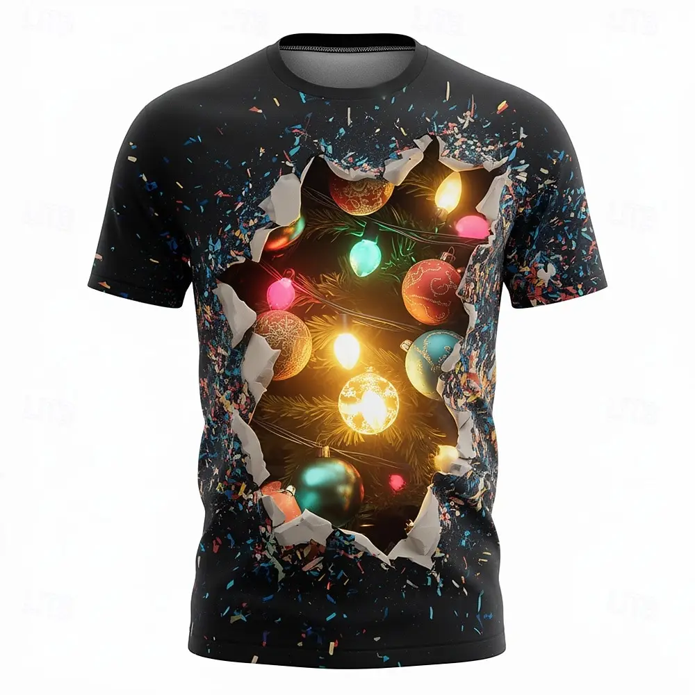 Christmas Men's Round Neck T-shirt 3D Dislocation Hollow Ball Printing Outdoor Christmas Gift Party Daily Casual Short Sleeve
