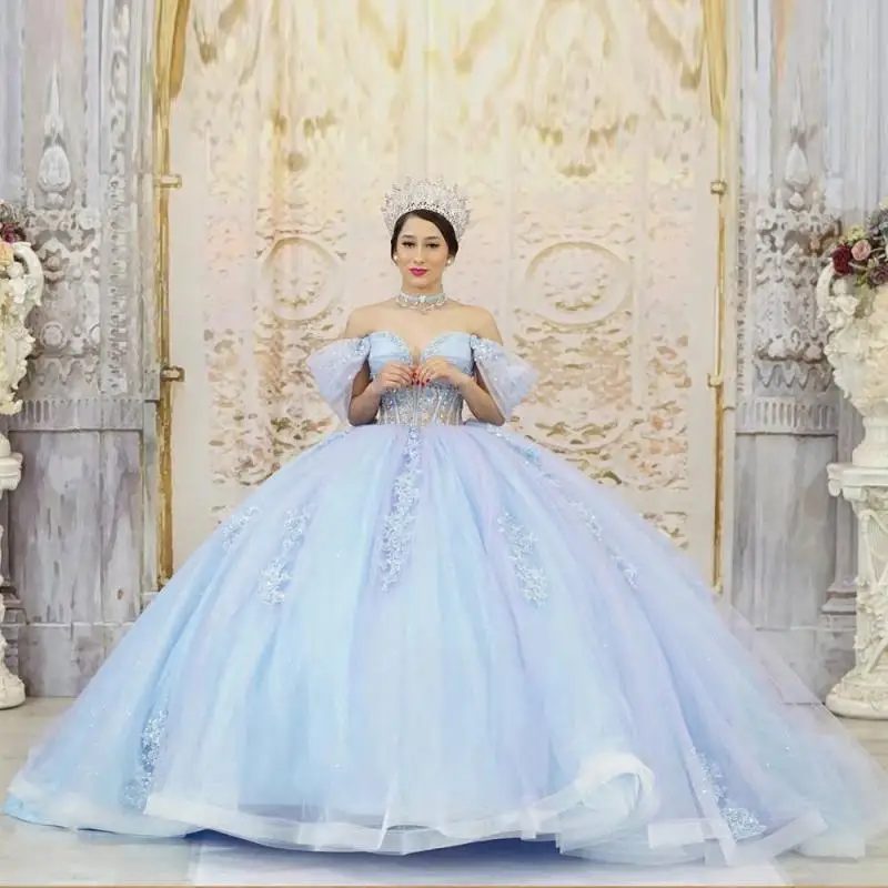 Glamorous V Neck Quinceanera Dresses for Teens Off the Shoulder Tulle Appliques Lace Up Robe Princess Bleu Femme