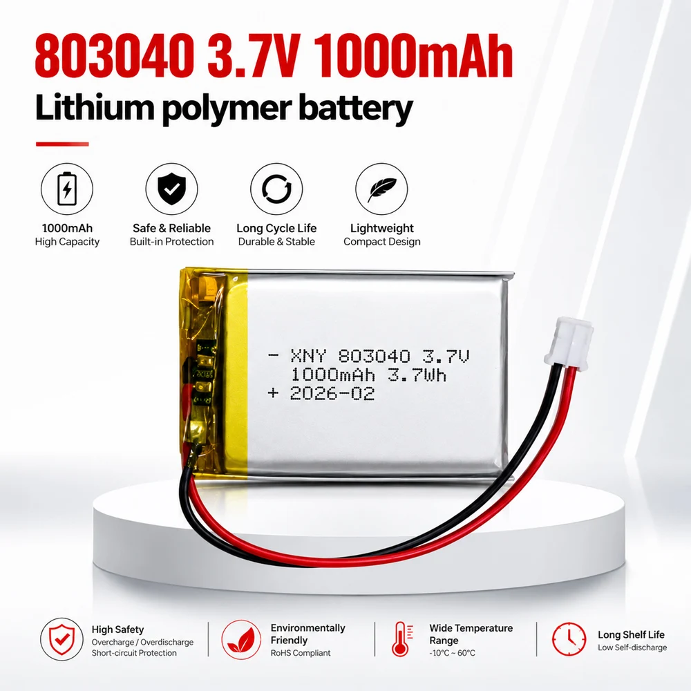 803040 3.7V 1000mAh Rechargeable Polymer Lithium Battery for Navigator Speaker MP3/4/5 DVD GPS VR DVR Player Power Bank Electric