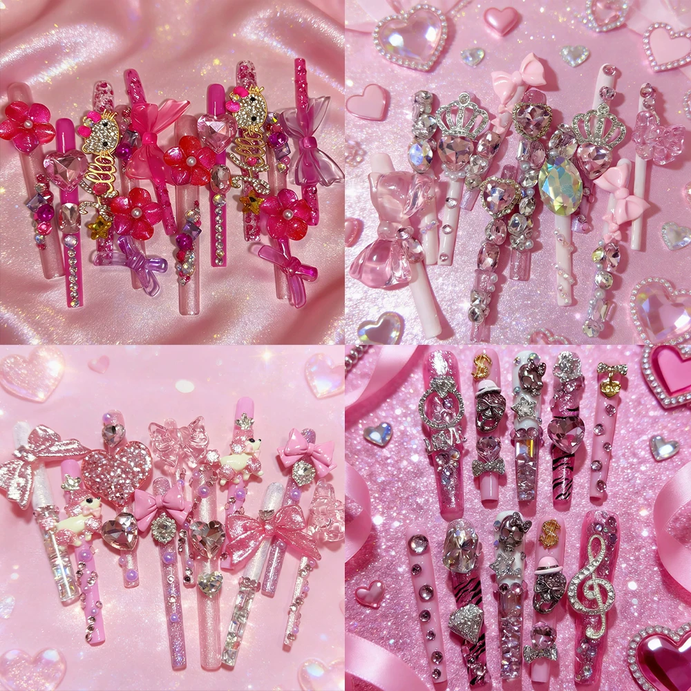 

Europe America Spice Girl Xxl Long Coffin Handmade Press On Nail Luxury Glitter Colorful Diamond Bowknot Pearl Flower Fake Nails