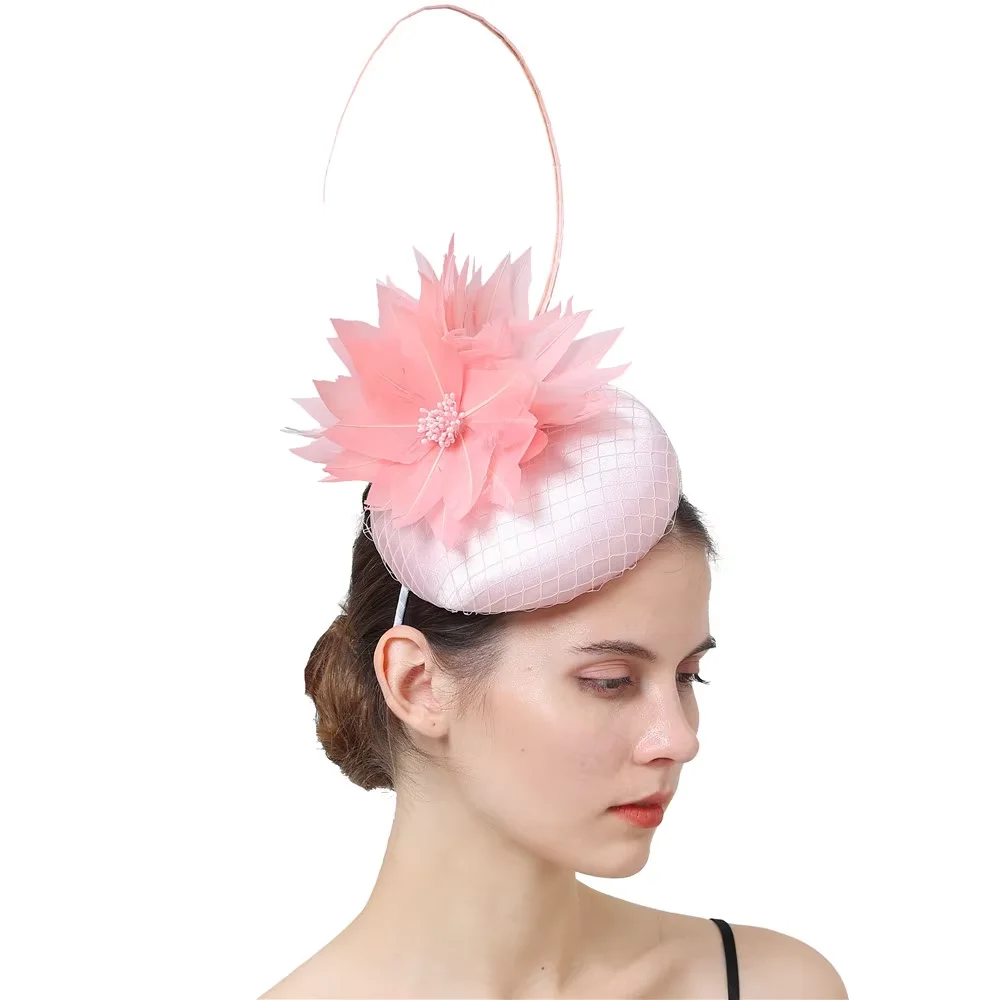 

Fancy Pink Feather Flower Fascinator Hat Ladies Occasion Church Headwear Women Wedding Headpiece For Party Hair Accessories