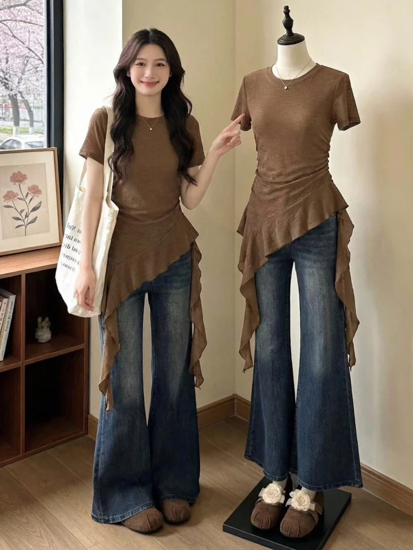 Café Brown Short Sleeve T-Shirt Women's Summer New plus Size Irregular Shoulder Korean Style Commute Wind Loose Fit High Waist