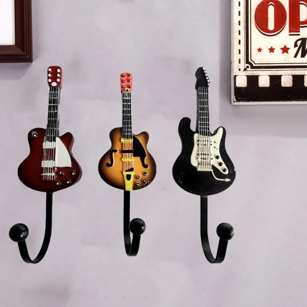 Retro Resin Guitar Shaped Hooks Decorative Wall Mounted Clothes Hat Hanger Heavy Duty Robe Hooks Living Room