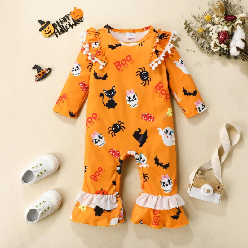 My First Halloween Clothes Baby Girl Flared Pants Letter Pumpkin Romper Jumpsuit for Newborn Halloween Costume 0-18M