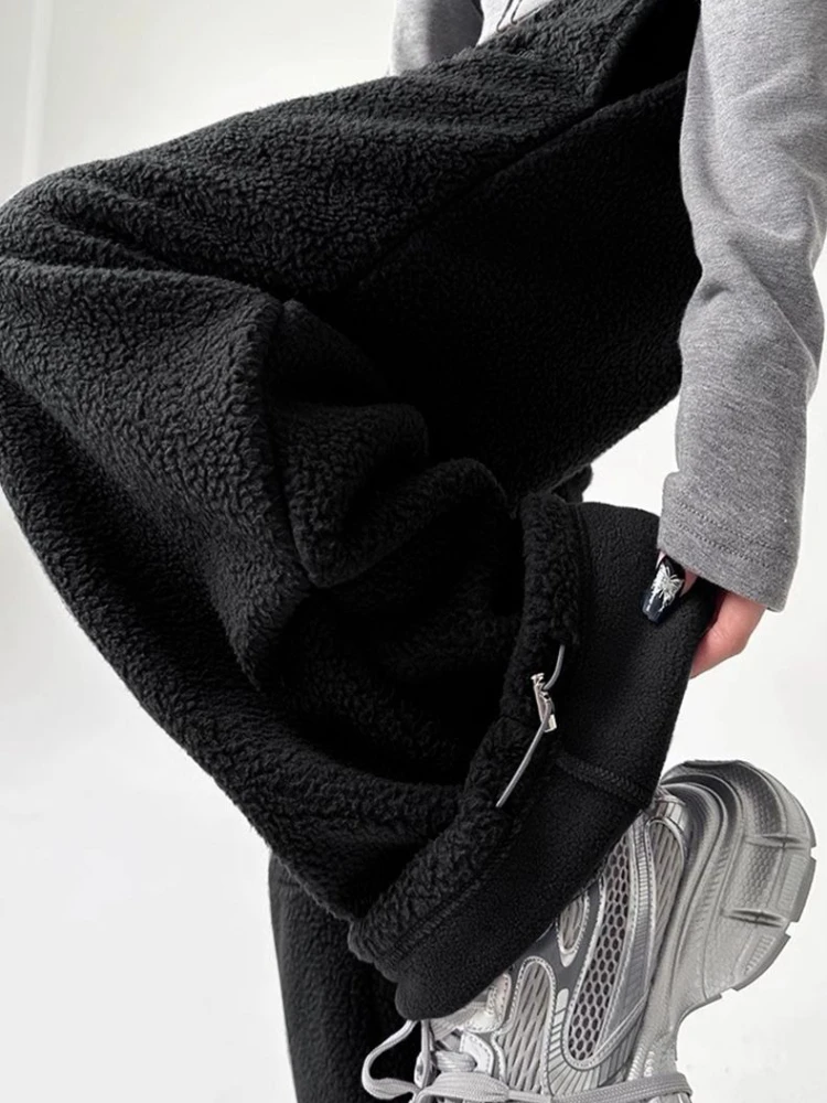Deeptown Black Basic Wide Leg Women Pants White High Waist Korean Fashion Straight Polar Fleece Trousers Baggy Casual Winter