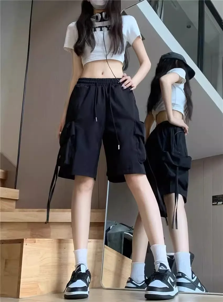 شورت نسائي كاجوال على الطراز الكوري ملابس عمل صيفية رفيعة عالية الخصر ضيقة وواسعة الساق بتصميم مستقيم وشاح عائم سروال خمسة أرباع #5