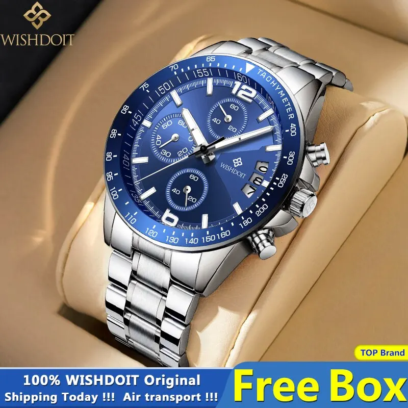 WISHDOIT Original Watch for Men Waterproof Stainless Steel Metal Strap Multifunction Chronograph Fashion QuartzAnalog Wristwatch