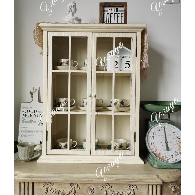 

J French Country Vintage Solid Wood Distressed Glass Door Wall Cabinet Display Cabinet Kitchen Bathroom Wall Hanging Storage