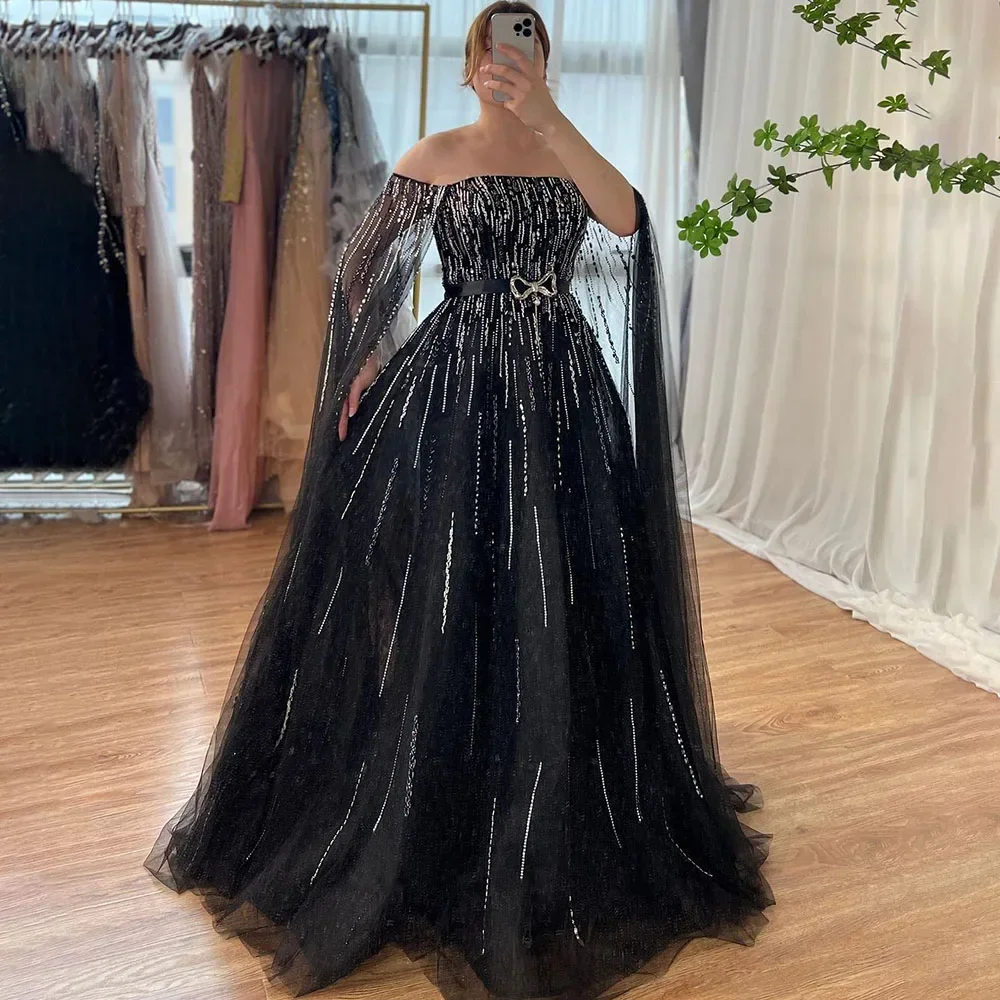 Serene Hill Black A Line Strapless Cape Sleeves Beaded Evening Gowns For Women Wedding Party Dresses 2025 DLA71824 Customized