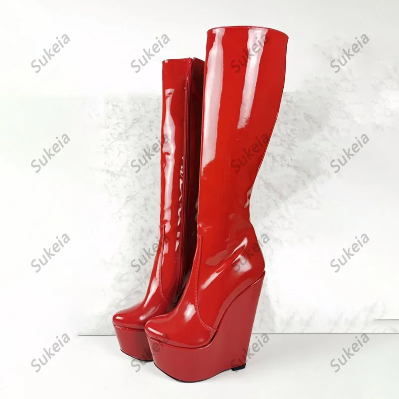 Sukeia Handwork Women Winter Knee Boots Patent Wedges Heels Round Toe Fabulous Red Green Blue Club Shoes Ladies US Size 5-20