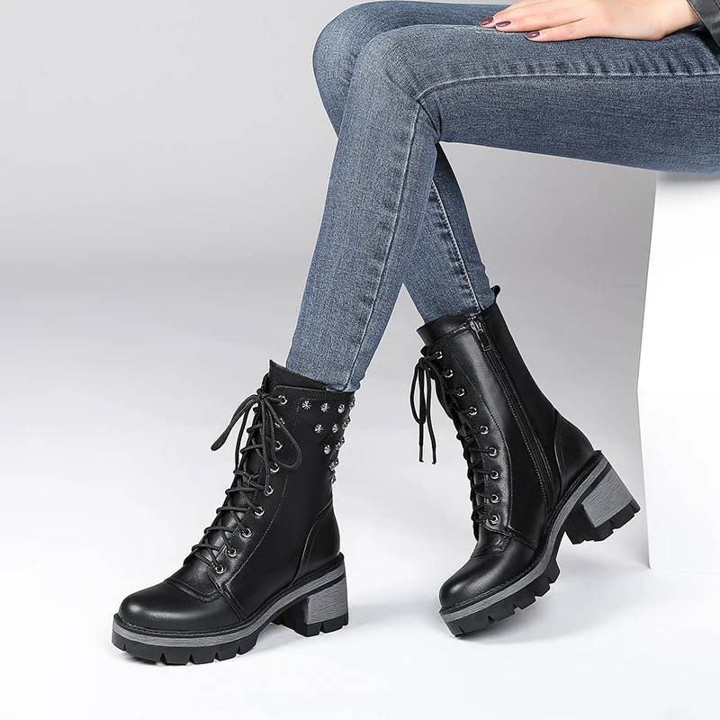 British Style Retro Metal Rivet Locomotive Boots Lace-Up Zipper Square Heel Height Increase Slim Knight Boots Sexy Women's Boots