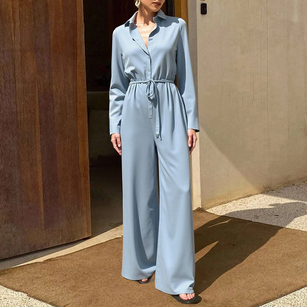 

Mia Muse Boutique, женские комбинезоны, осенняя мода, 2025 г., однотонные комбинезоны с длинными рукавами и воротником рубашки, макси-комбинезоны с бантом