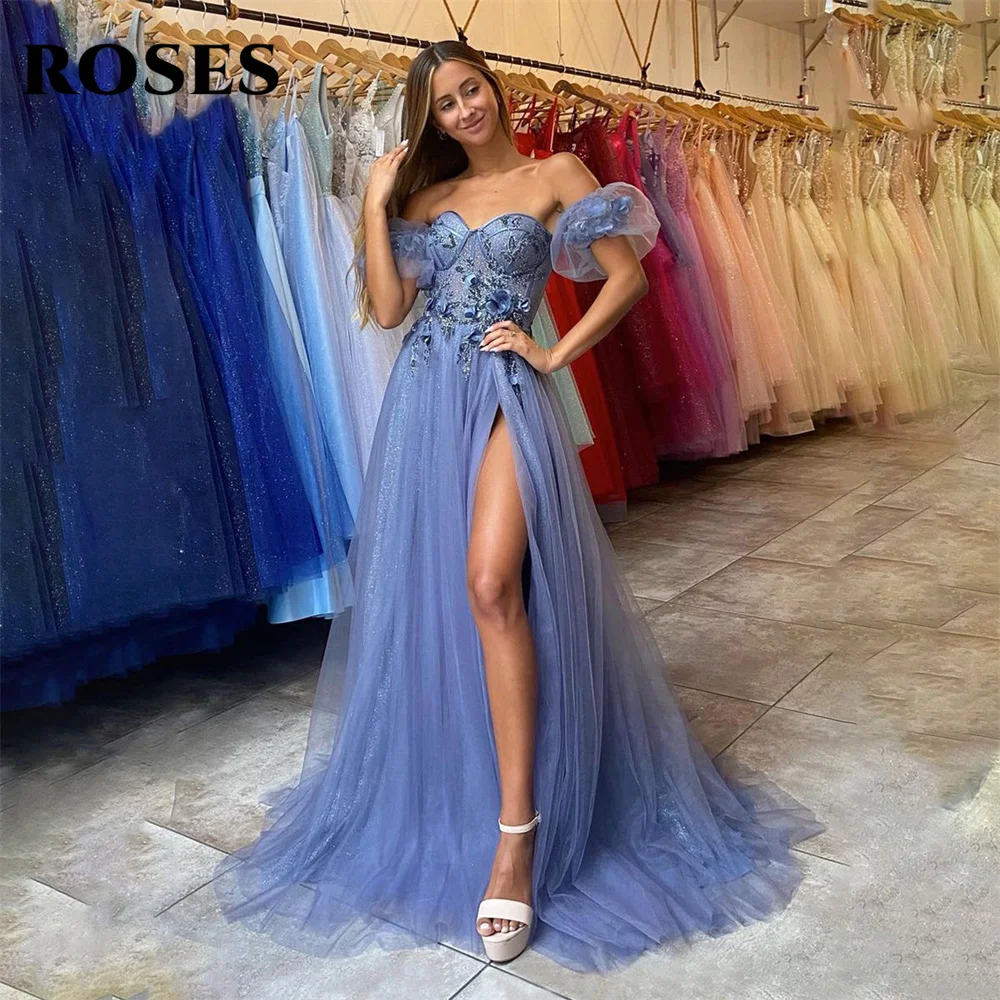 ROSES Dusty Blue Evening Gown Appliques Side Split Net Elegant Prom Dress Off the Shoulder Wedding Evening Dress robes de soirée