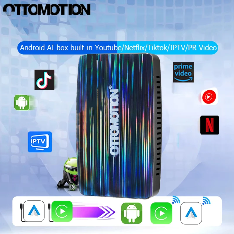 OTTOMOTION Android Ai Box Wireless CarPlay Adapter Android Auto Built in Youtube Netflix Tiktok IPTV for Car with Wired Carplay