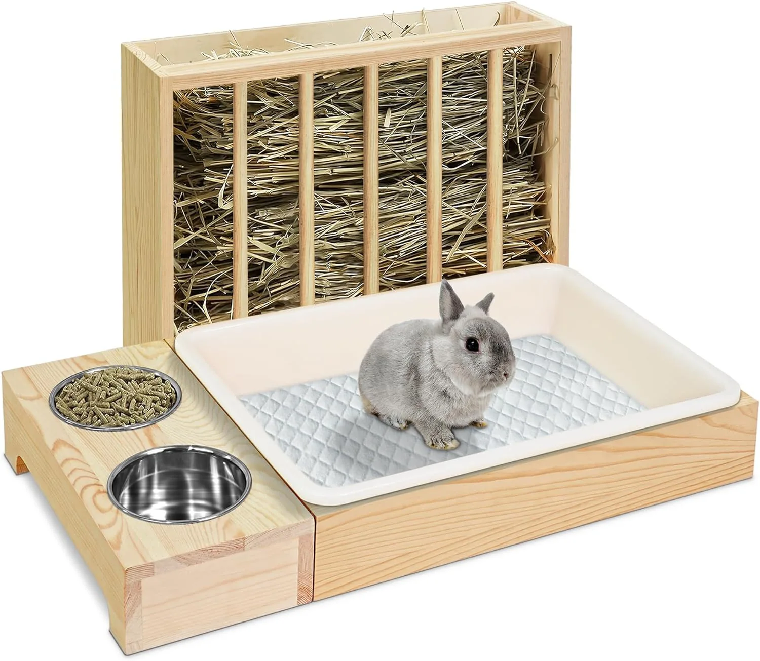 

Wood Rabbit Hay Feeder with Litter Box Bowls Capable of Providing Water and Food for the Animal