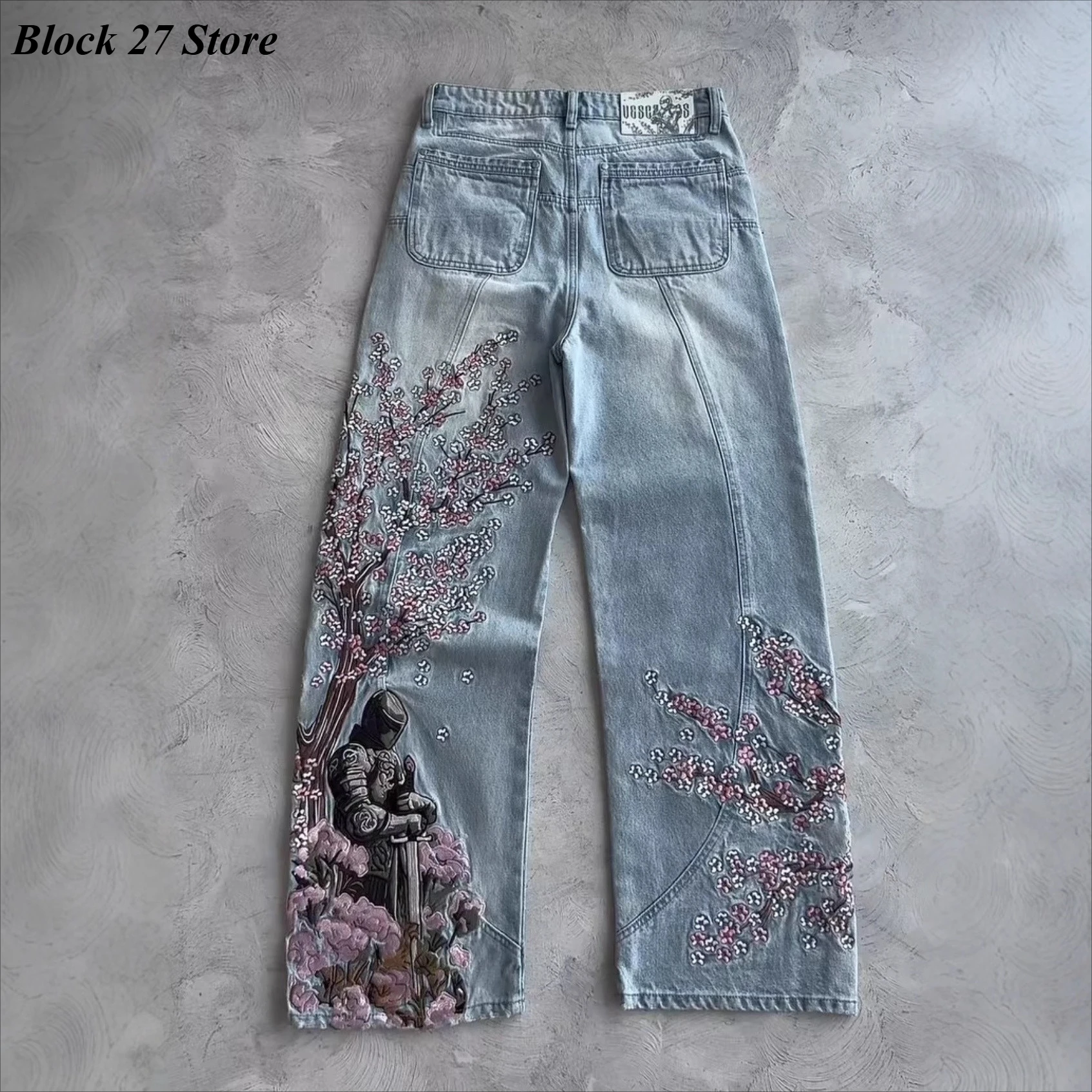 رجل جينز Y2K خمر الشارع الشهير الضوء الأزرق واسعة الساق الدنيم السراويل التطريز فارس ساكورا زهرة غسلها فضفاضة تناسب الرجعية نمط #1