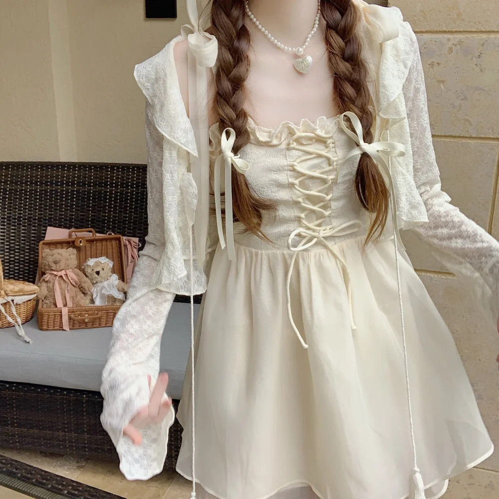 Korean Style Sweet Maiden Lace-up Bow Princess Skirt Summer Dress Women Kawaii Lolita Lace Cardigan Halter Mini Skirt Two-piece