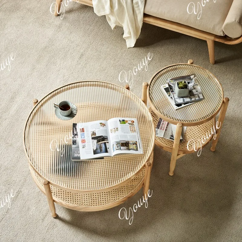 

Modern simple small apartment size round table combination household solid wood rattan coffee table living room double round
