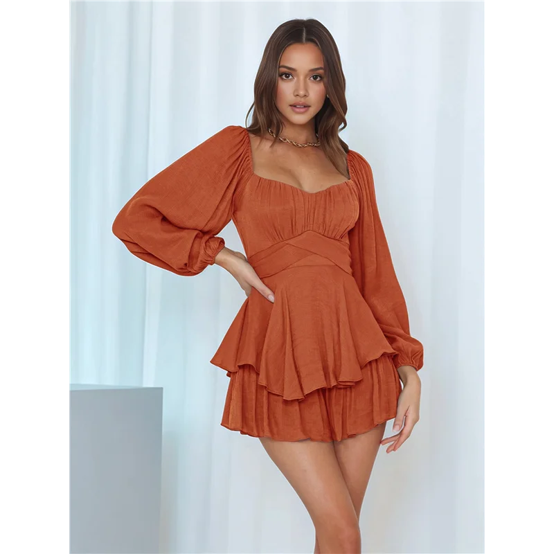 【파티 장식】여성용 점프수트 랜턴 긴 소매 러플 레이어 타이 미니 짧은 롬퍼