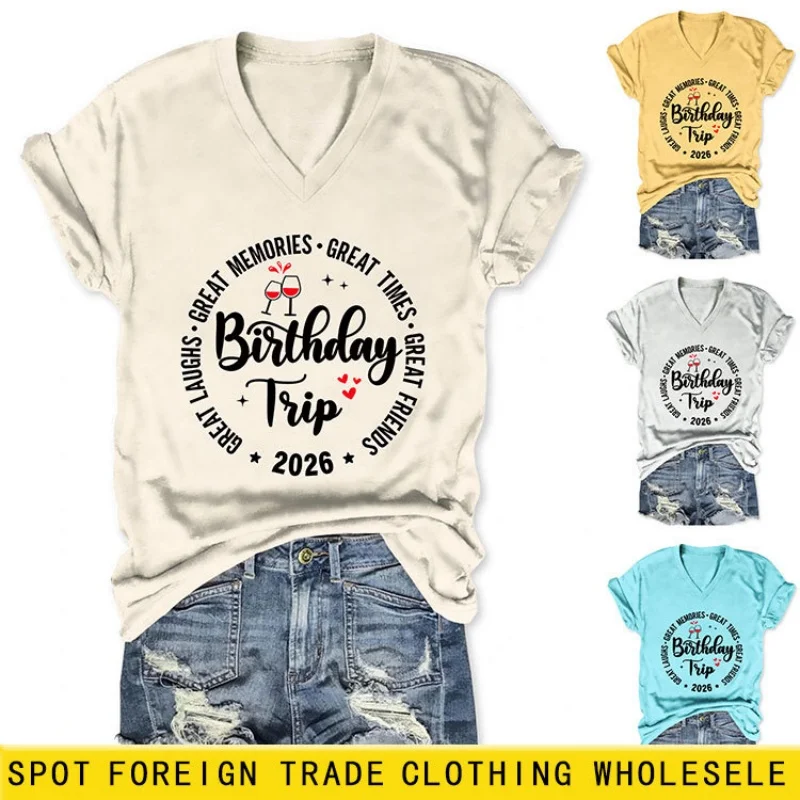 

Летняя женская футболка с V-образным вырезом и короткими рукавами, с дизайнерским принтом, узкого кроя, стройнящая и стильная верхняя одежда.